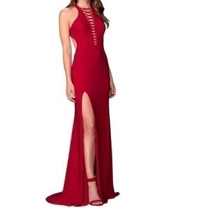 LA FEMME Red faux lace up bodice jersey gown